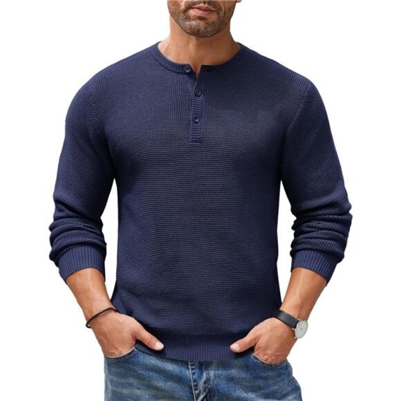 Men's Henley Knit Sweater Long Sleeve Button Pullover Sweater